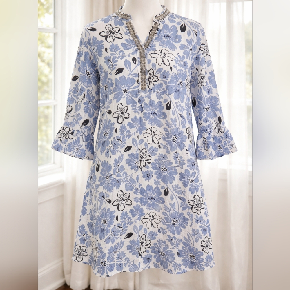 Charter Club 100% Linen Floral Mini Dress Blue White Pockets Vacation